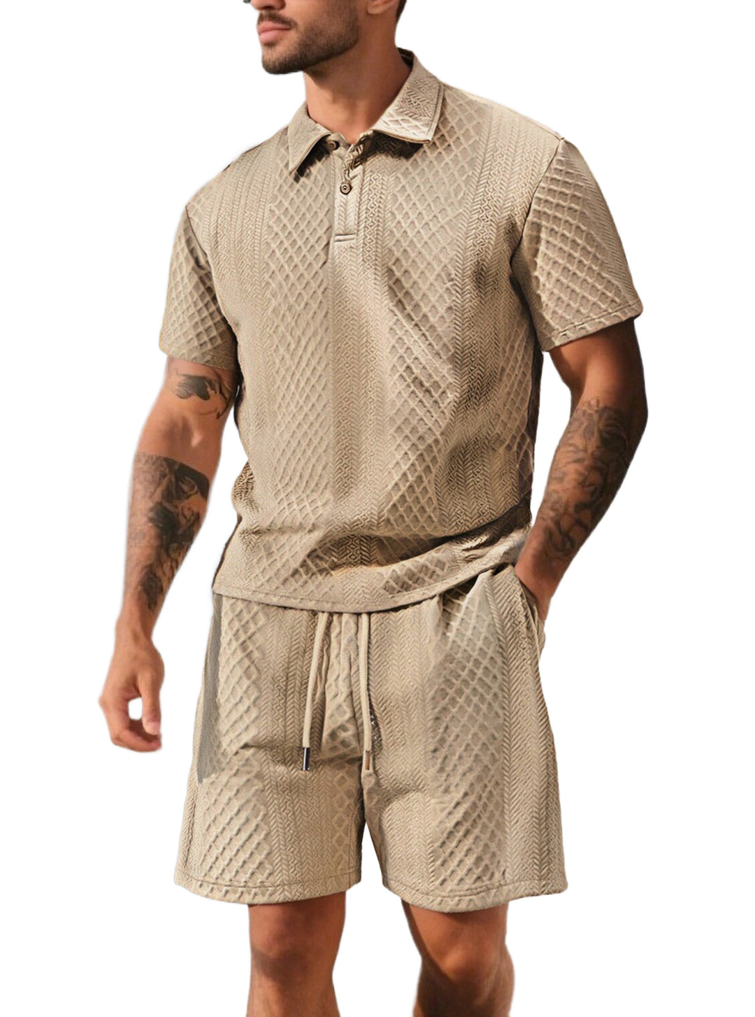 Herren nan strukturiertes Poloshirt- und Bermudashorts-Set aus gesteppter Baumwollmischung R&B