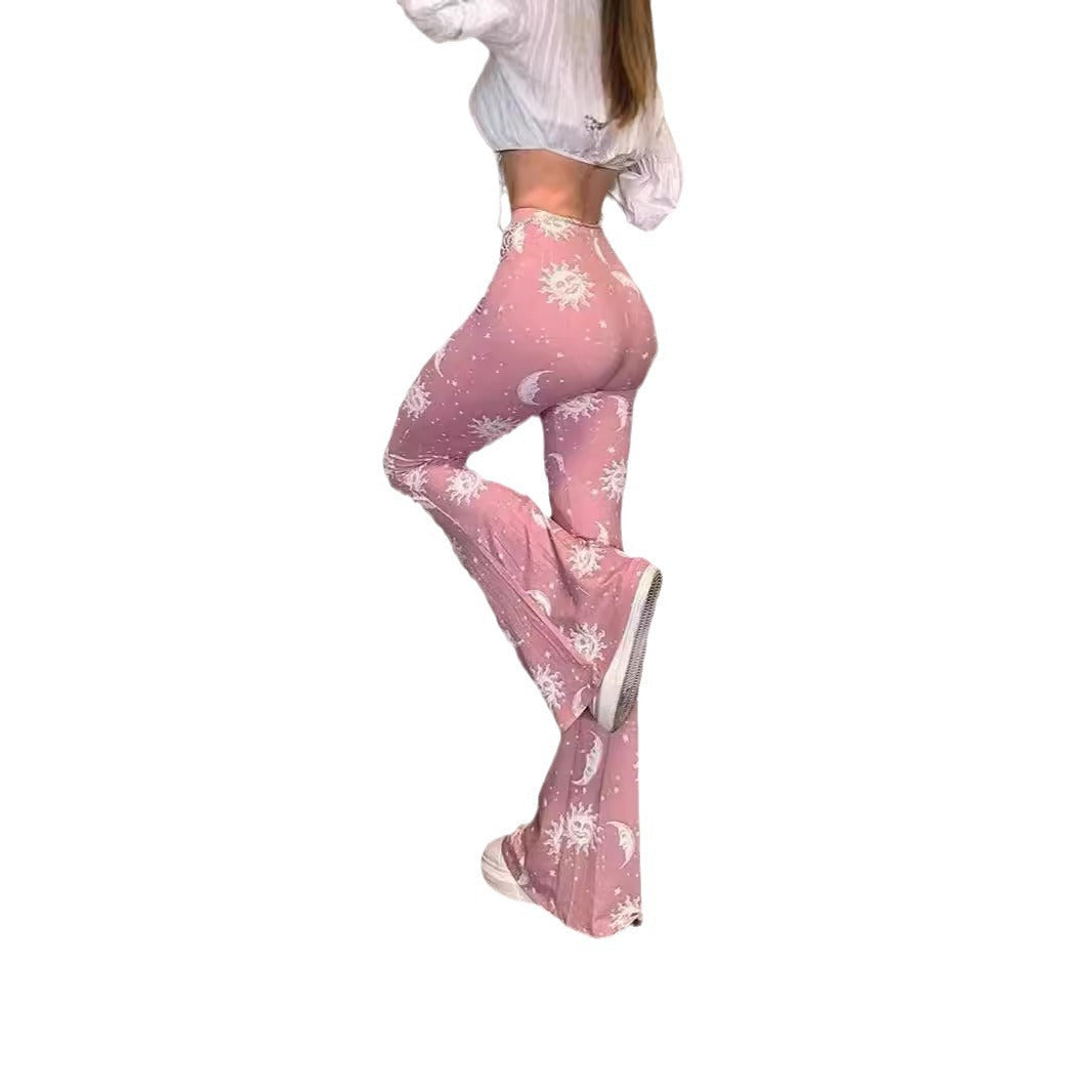 Damen weite High-Waist-Hose mit Sonnen- und Mondmuster R&B
