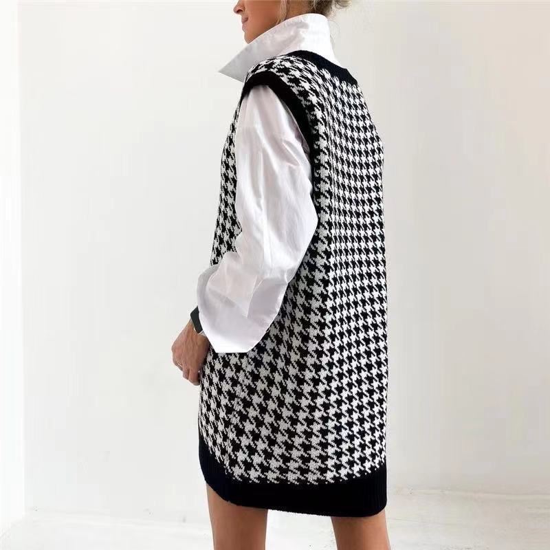 Damen Lässiger Strickpullover mit V-Ausschnitt und Hahnentrittmuster R&B