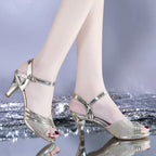 Damen elegante Absatzsandalen mit funkelnden Akzenten und verstellbarem Riemen R&B