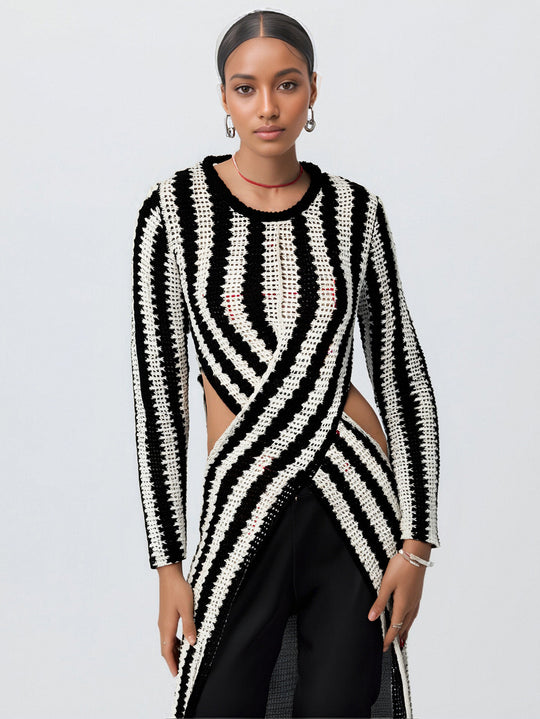 Damen Designer-Strickkleid mit asymmetrischem Schnitt und grafischem Muster R&B
