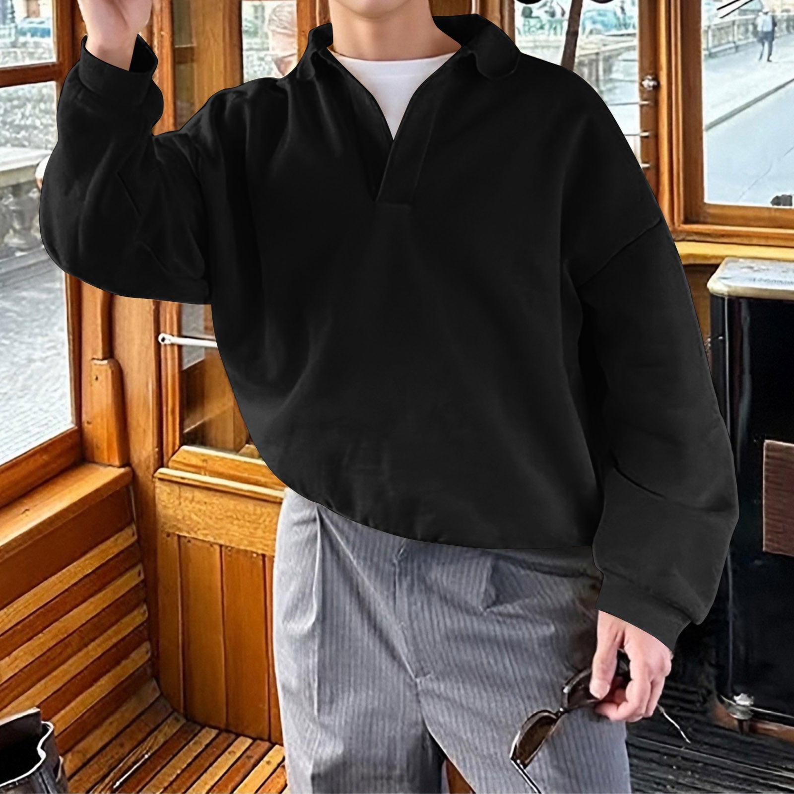 Unisex nan locker geschnittener V-Ausschnitt-Sweatpullover mit Hemdkragen aus Baumwollfleece R&B