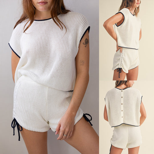 Damen Strickshorts-Set mit kontrastierenden Details und lockerem Schnitt R&B