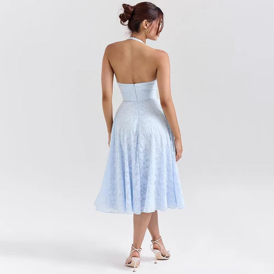Damen Elegantes Midikleid mit tiefem V-Ausschnitt und schwingendem Rock R&B