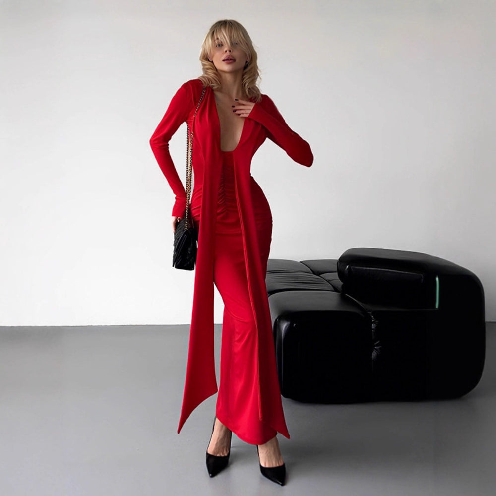 Damen Elegantes Maxikleid mit tiefem V-Ausschnitt und seitlichem Schlitz R&B