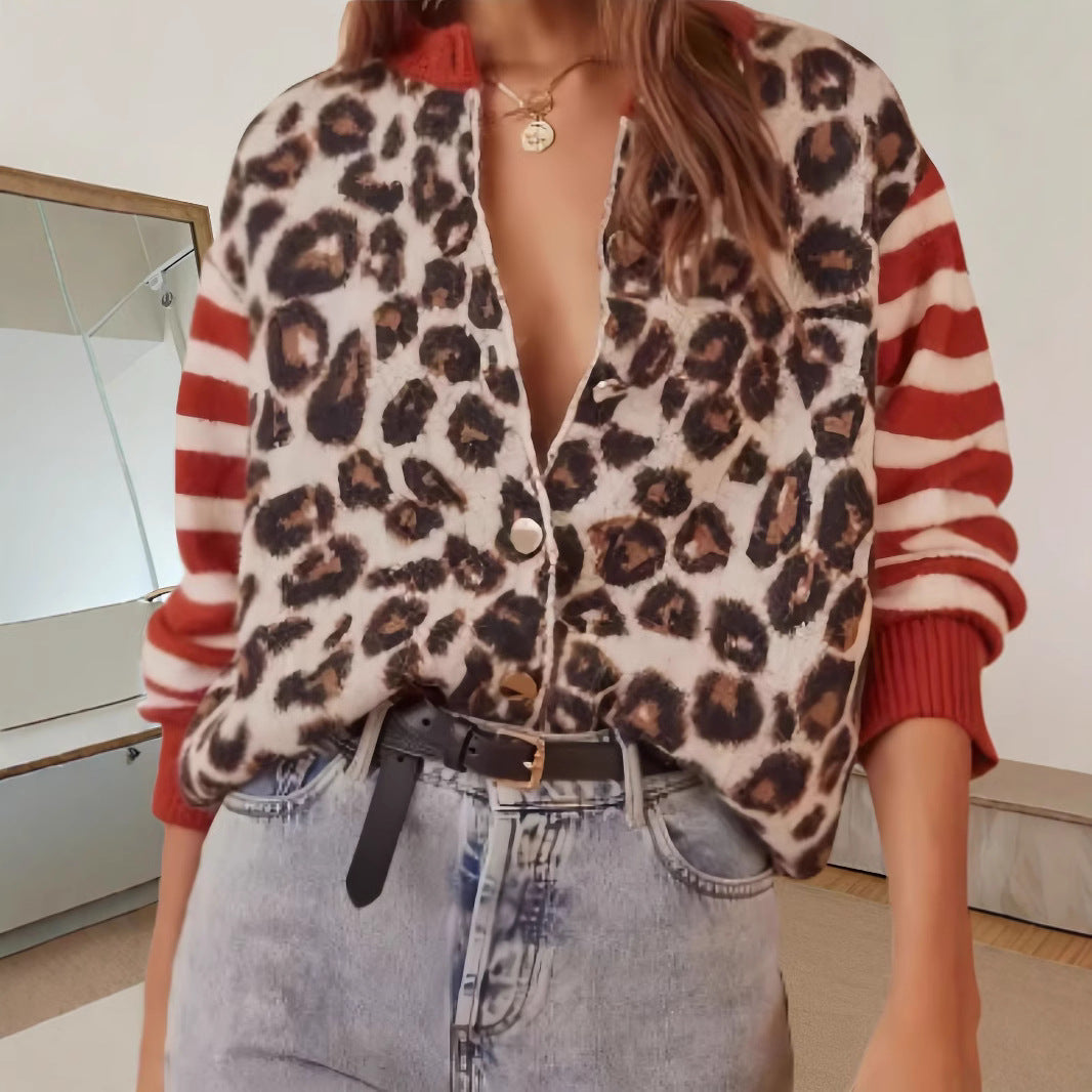 Damen Modische Jacke mit Tiermuster und gestreiften Ärmeln R&B