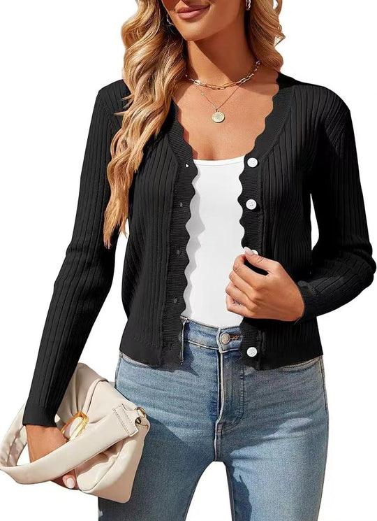 Damen elegante Strickjacke mit Wellenkante R&B