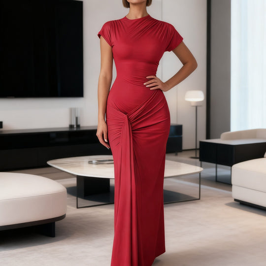 Damen Elegantes Langarm Maxi-Kleid mit Drapierung und figurformendem Schnitt R&B