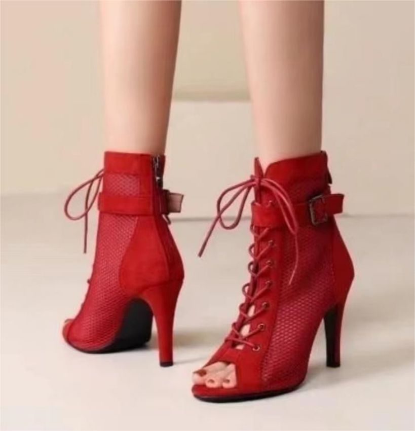 Damen Netz-Stiefeletten mit eleganter Schnürung und hohem Absatz R&B