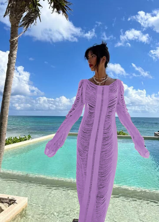 Damen elegantes Strandkleid mit raffinierten Fransen und transparenten Elementen R&B