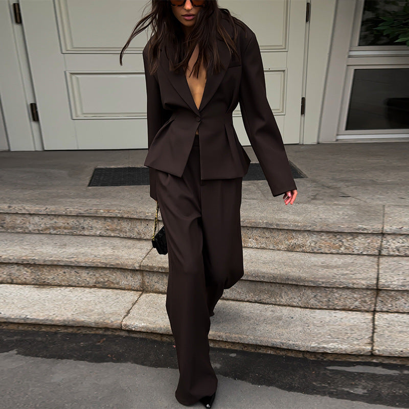 Damen eleganter Hosenanzug mit tailliertem Blazer und weitem Bein R&B