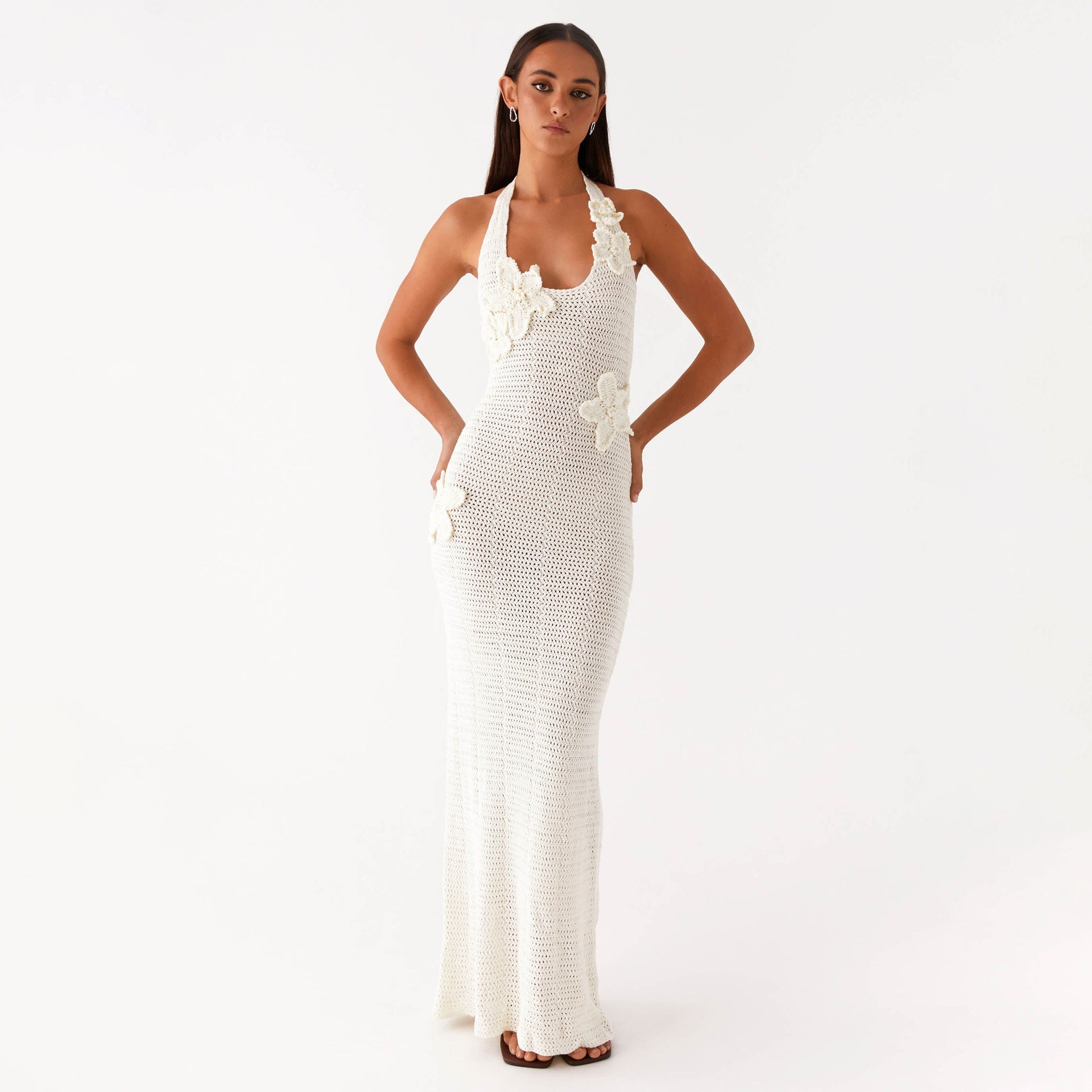 Damen häkel Maxi-Kleid mit floralem Design R&B