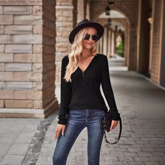 Damen Modischer Pullover mit teilbarem Reißverschluss und Rippstrick-Muster R&B
