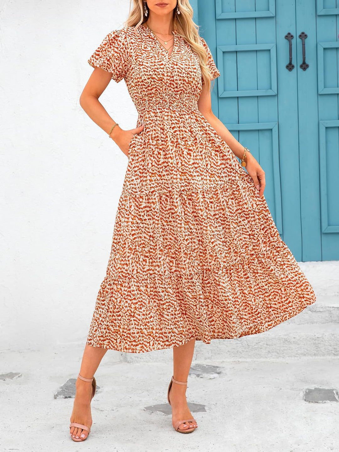 Damen Maxi-Kleid mit floralen Mustern und rüschendem Saum R&B