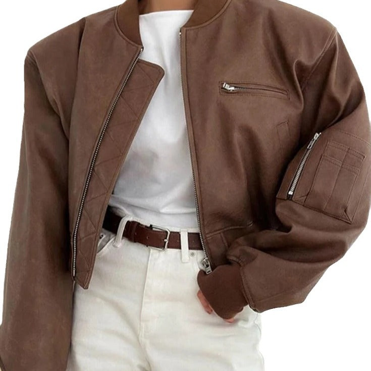 Damen modische Kunstleder Bomberjacke R&B