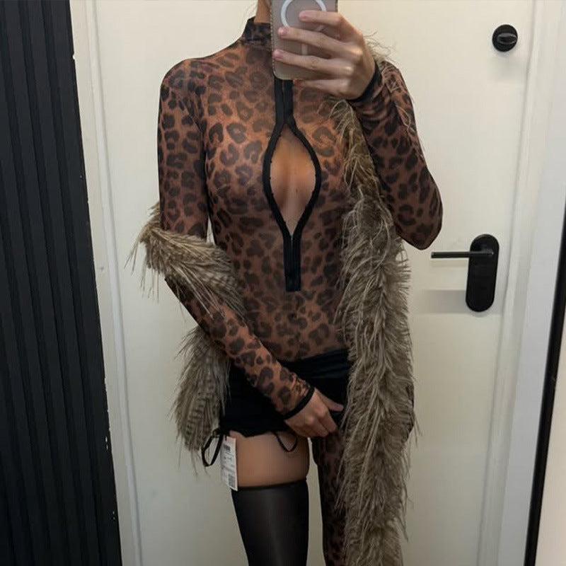 Damen Modischer Bodysuit mit tiefem V-Ausschnitt und Leopardenmuster R&B