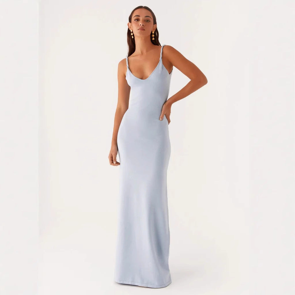 Damen Elegantes Maxirockkleid mit tiefem V-Ausschnitt und feinen Trägern R&B