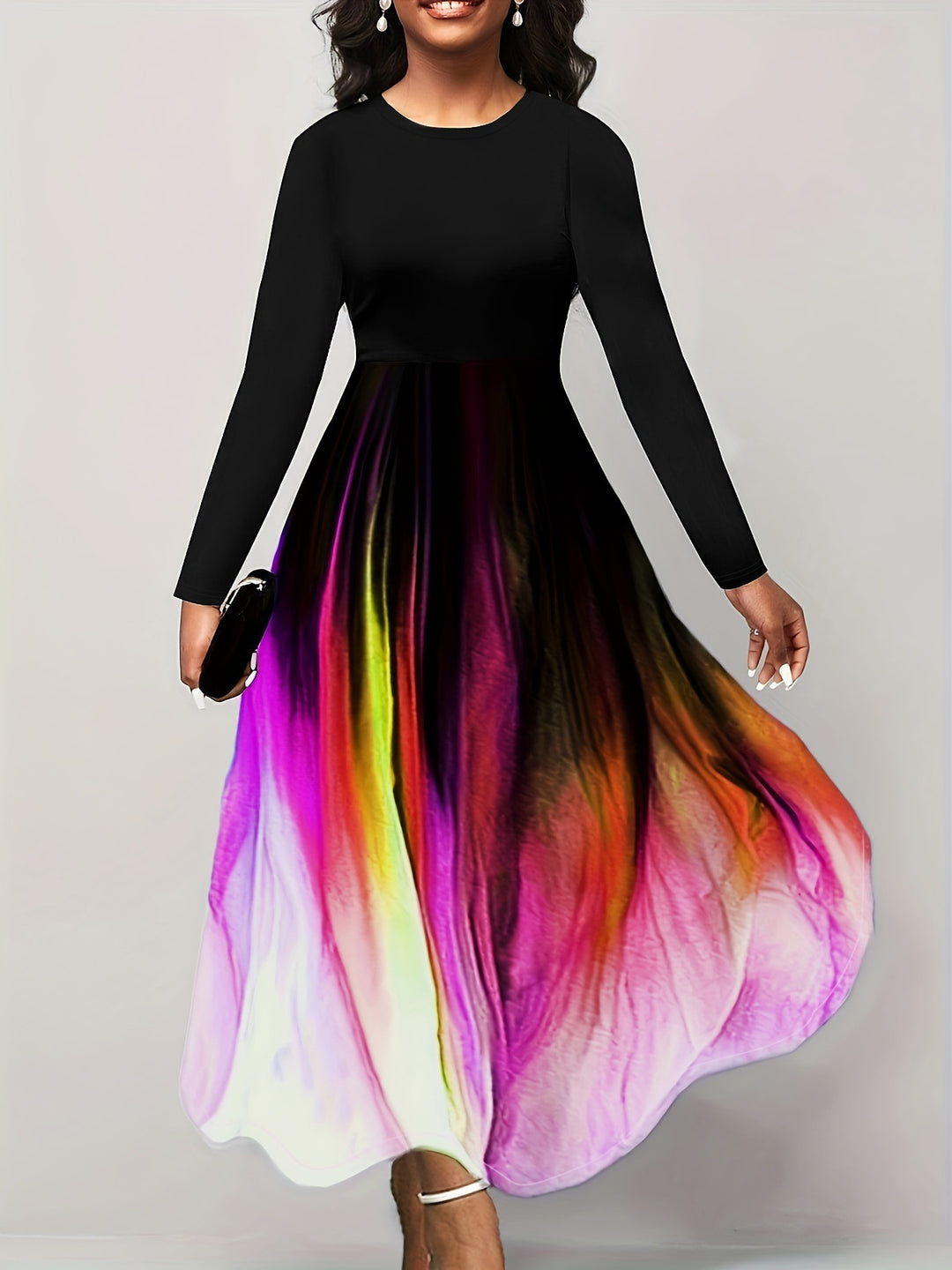 Damen Elegantes Maxikleid mit kreativer Farbverlauf-Optik und langen Ärmeln R&B
