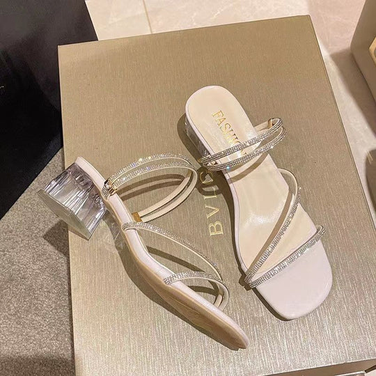 Damen elegante High-Heel Sandalen mit verziertem Riemendesign und transparentem Blockabsatz R&B