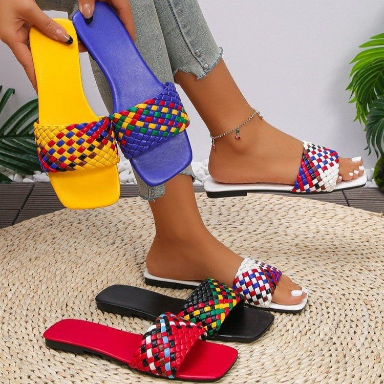 Damen Flache Riemchensandalen mit geflochtenem Design und modischem Farbakzent R&B