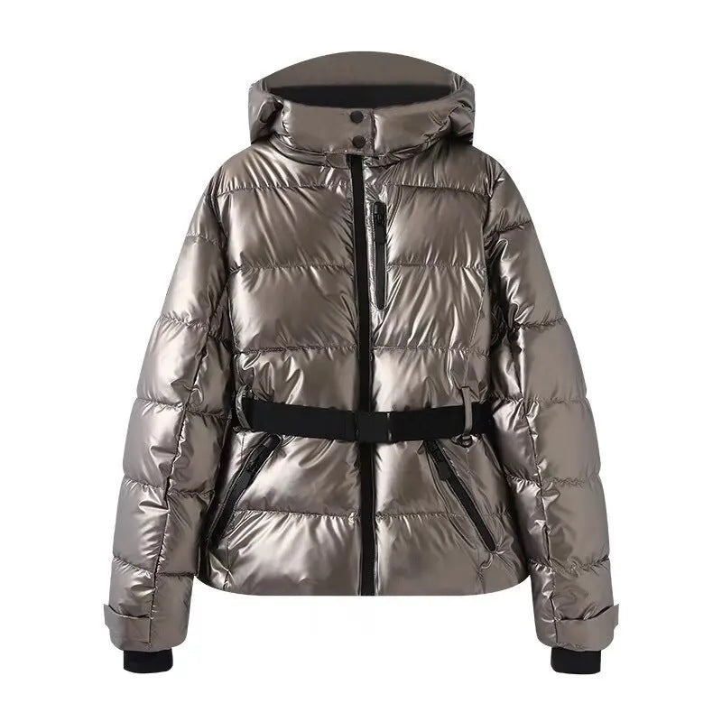 Damen warme Steppjacke mit abnehmbarer Kapuze und Taillengürtel R&B