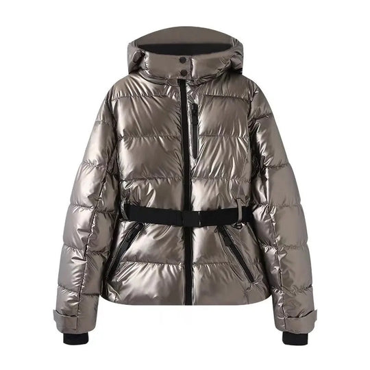 Damen warme Steppjacke mit abnehmbarer Kapuze und Taillengürtel R&B