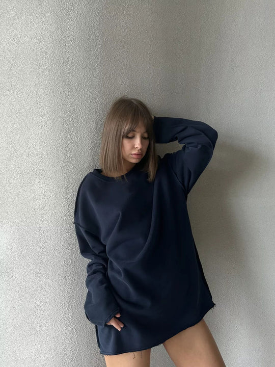 Damen Lässiger Oversized-Pullover mit abgerundetem Saum und langen Ärmeln R&B