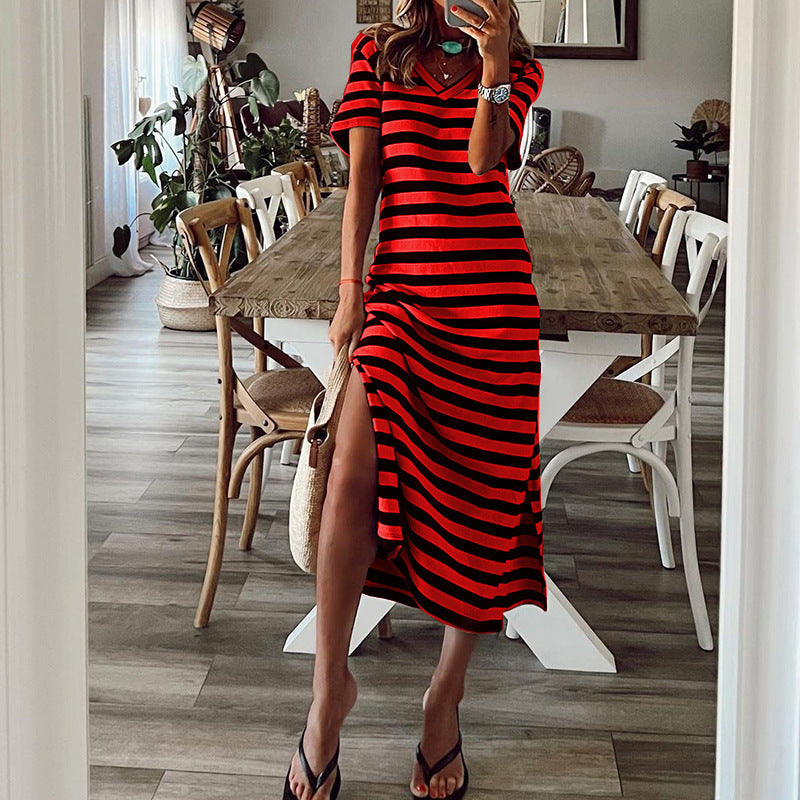 Damen Maxikleid mit tiefem Seitenschlitz und modischem Streifenmuster R&B