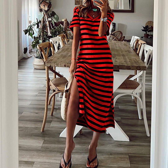 Damen Maxikleid mit tiefem Seitenschlitz und modischem Streifenmuster R&B