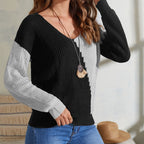 Damen lässiger Pullover mit asymmetrischem Farbspiel und V-Ausschnitt