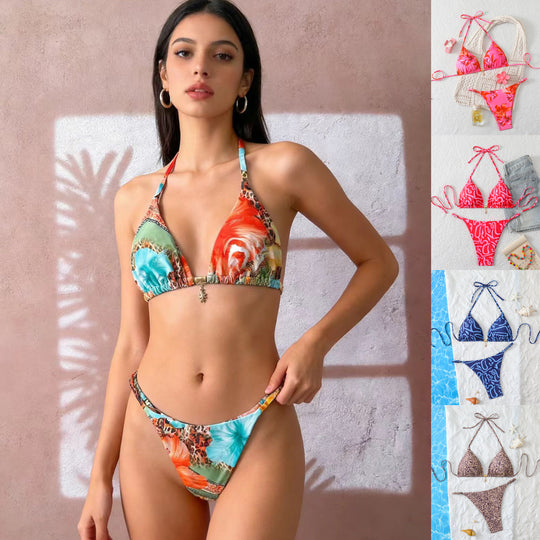 Damen Triangel-Bikini-Set mit verstellbaren Trägern und floralen Mustern R&B