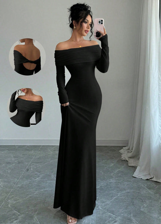 Damen Elegantes und figurbetontes Off-Shoulder Maxikleid mit langen Ärmeln R&B