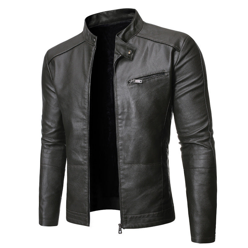 Herren elegante Kunstlederjacke mit modernem Stehkragen R&B
