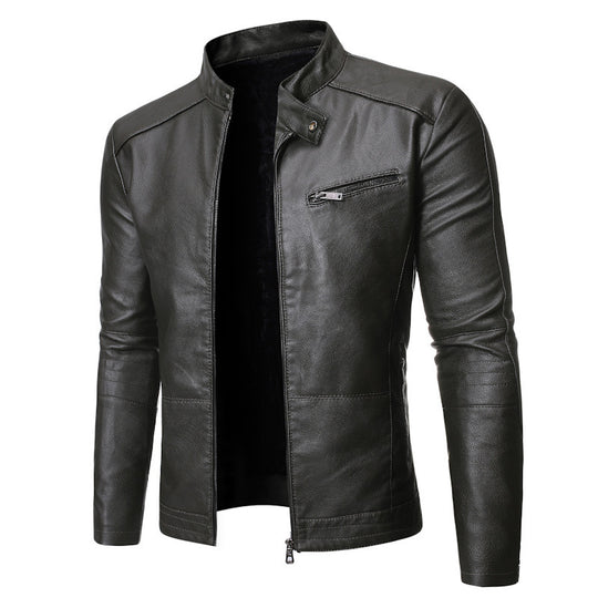 Herren elegante Kunstlederjacke mit modernem Stehkragen R&B