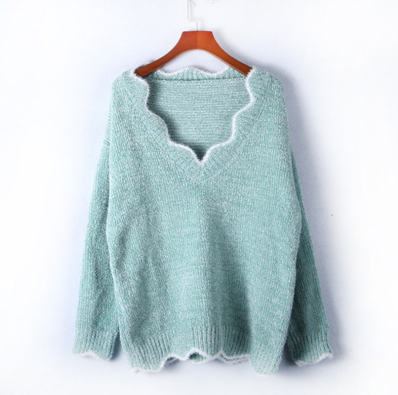 Damen kuscheliger Strickpullover mit tiefem V-Ausschnitt und gewellten Abschlüssen R&B