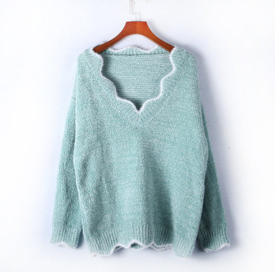 Damen kuscheliger Strickpullover mit tiefem V-Ausschnitt und gewellten Abschlüssen R&B