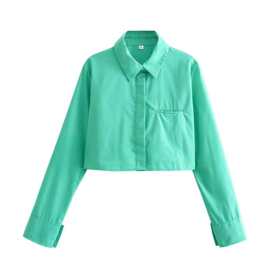 Damen cropped Bluse mit klassischem Kragen und praktischen Brusttaschen R&B