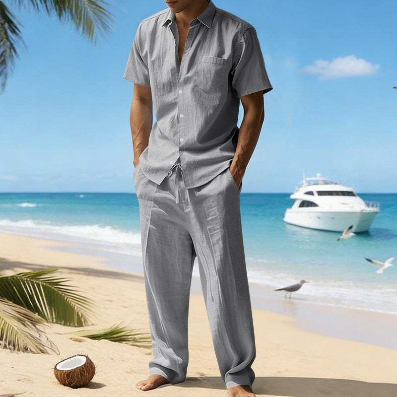 Herren nan resort-taugliches Kurzarm-Hemd mit Brusttasche und lässiger Leinen-Kordelhose R&B