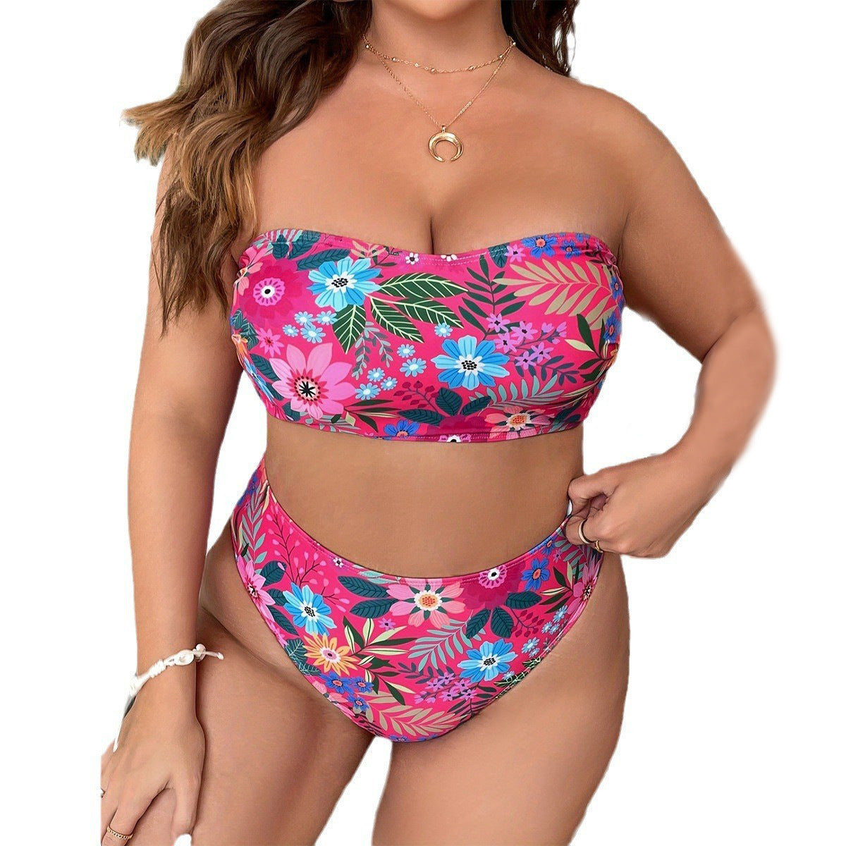 Damen Bandeau-Bikini mit floralem Design und hohem Bundeschnitt R&B