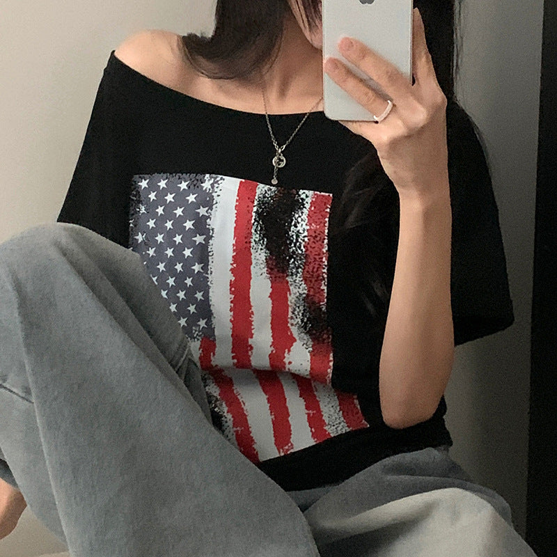 Damen lässiges T-Shirt mit amerikanischem Flaggen-Design und weichem Baumwollmaterial R&B