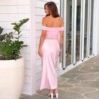 Damen elegantes schulterfreies Abendkleid mit figurformender Raffung und Satin-Finish EB