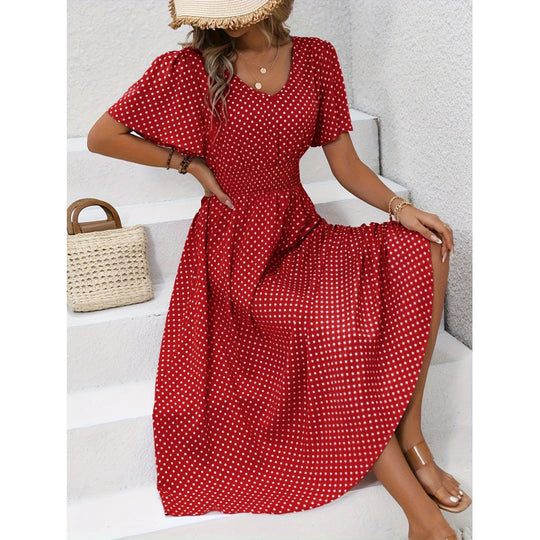 Damen Maxikleid im verspielten Punktdesign mit voluminösen Ärmeln und tiefem V-Ausschnitt R&B