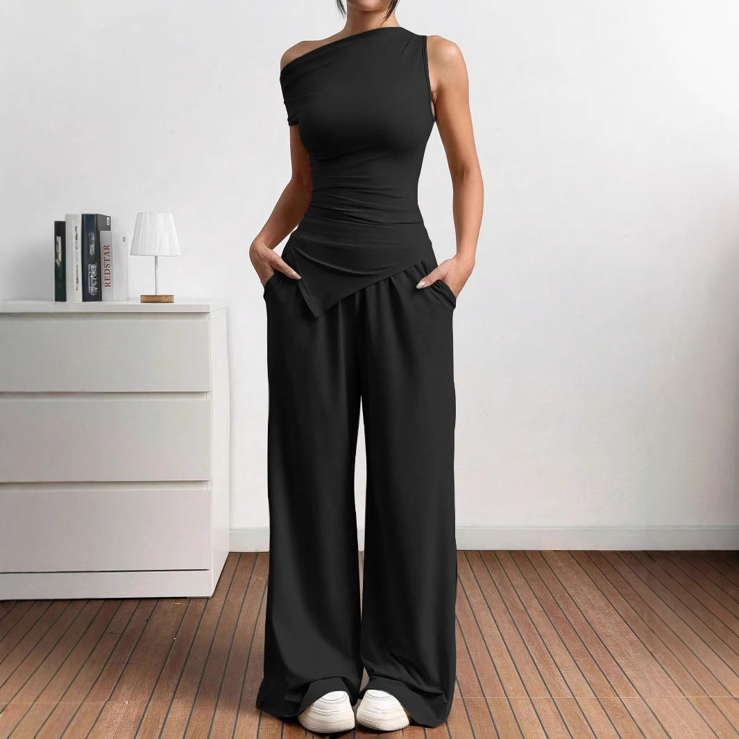 Damen elegantes und lässiges Jumpsuit-Set mit asymmetrischem Schnitt und weitem Bein R&B
