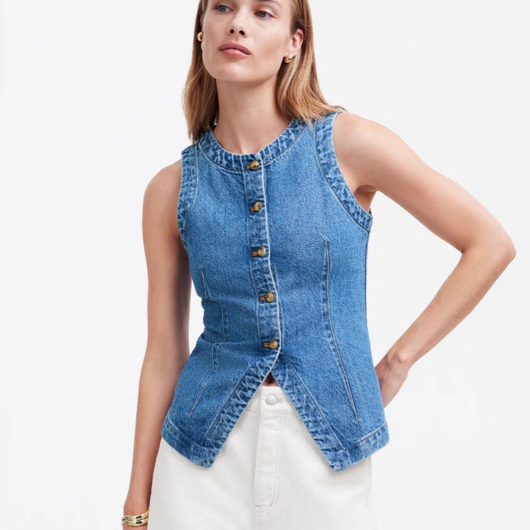 Damen Jeansweste mit Knopfleiste und seitlichen Eingrifftaschen R&B