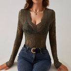 Damen nan transparenter Spitzenbody mit tiefem V-Ausschnitt und geformten Cups R&B