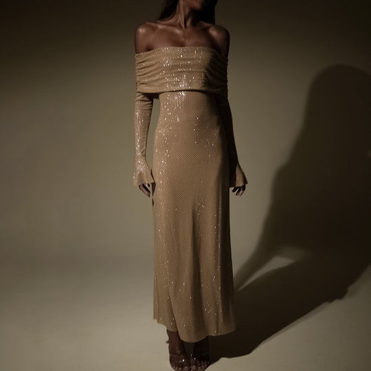 Damen figurbetontes Kleid mit Off-Shoulder-Design und funkelnden Akzenten R&B