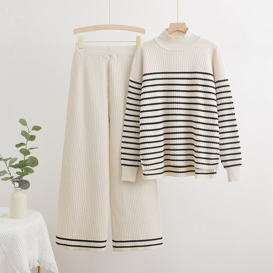Damen gemütliches Strick-Loungewear-Set mit quer gestreiften Details R&B
