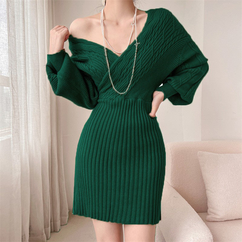 Damen Elegantes Strickkleid mit V-Ausschnitt und strukturiertem Oberteil R&B