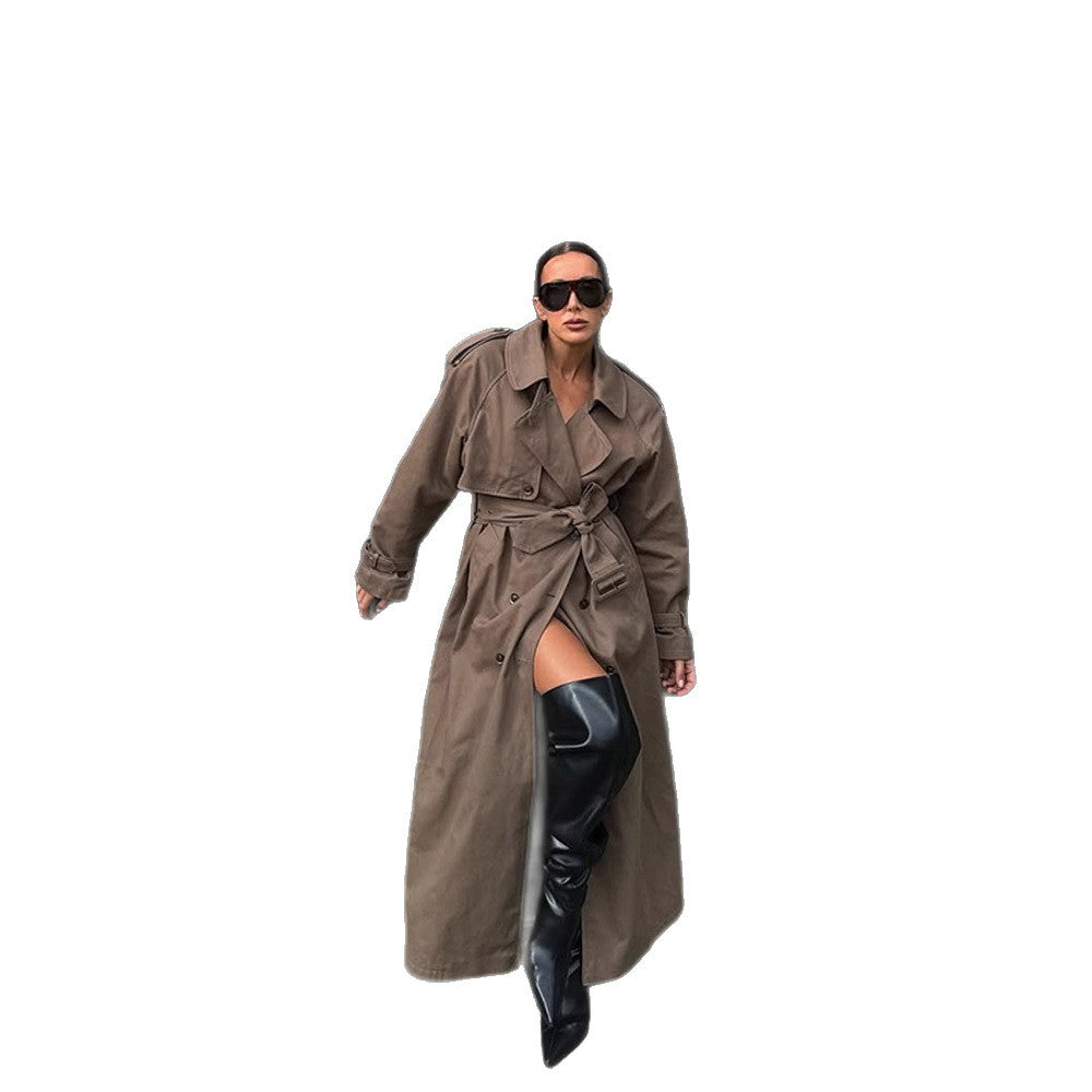 Damen eleganter Trenchcoat mit Taillengürtel und hochgeschlossenem Kragen R&B