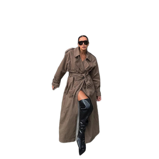 Damen eleganter Trenchcoat mit Taillengürtel und hochgeschlossenem Kragen R&B